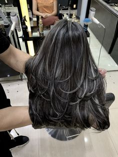 Jet Black Hair With Highlights Blondes, Ash Gray Hair Highlights, Streaky Highlights On Black Hair, Platinum Blonde Highlights On Black Hair, Black Hair With Platinum Highlights, Black Hair With Ash Highlights, Grey And Black Hair, Black Hair Balayage, Hair Color Underneath