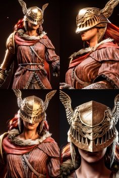 four different angles of a roman soldier wearing armor and helmet with horns on his head