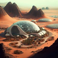 an artist's rendering of a futuristic city in the desert