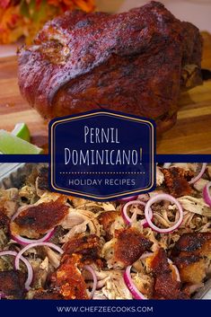 there is a large roasting pan with meat and onions on the side, next to a sign that says perni dominicinono