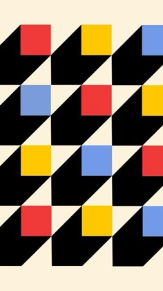 an abstract geometric pattern in black, yellow, red, and blue