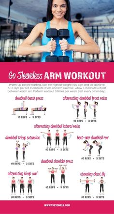 a woman doing exercises with dumbbells in front of a poster that says go sleepless arm workout