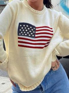 USA Flag Knitted Sweaters - AnotherChill Sweaters Beige, Preppy Fabric, Shiny Skirts, Usa Sweater, Y2k Preppy, British Flag, Cover Beachwear, Sweaters Online, Leather Shoes Woman