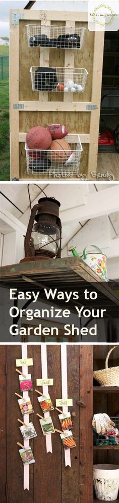 an old suitcase with some tags attached to it and the words easy ways to organize your garden shed