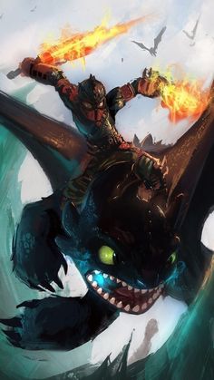 a man riding on the back of a dragon next to a fire breathing creature in water