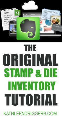 the original stamp and die inventory guide is displayed in front of a white background with green lettering