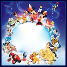 a group of cartoon characters standing in front of a white ball with blue border around it