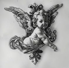 a black and white drawing of a cherub with wings on it's back