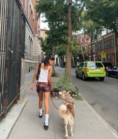 a woman walking her dog down the street