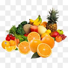 an assortment of fruits and vegetables on a white background, including oranges, pineapples, bananas, apples, watermelon, broccoli