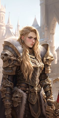 a woman with long blonde hair wearing armor in front of a castle