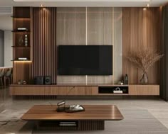 a modern living room with wood paneling and a flat screen tv on the wall