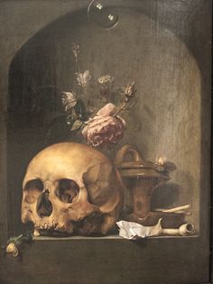 a painting of a skull and other items on a shelf with flowers in the background