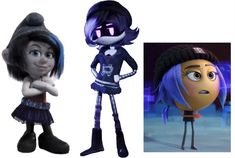 two cartoon characters one with blue hair and the other wearing black