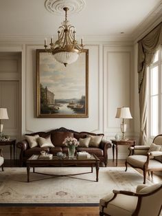 a living room filled with furniture and a chandelier