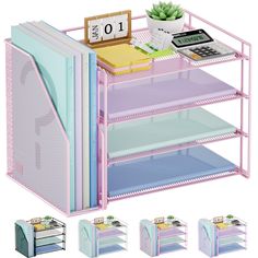 a pink and blue shelf with drawers, file folders and a calculator