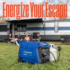 people sitting in chairs near an rv with the words energize your escape on it