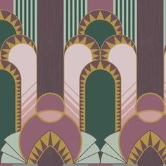 an art deco wallpaper design in shades of pink, green and purple with arches