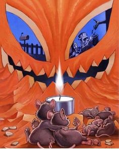 two mice are sitting in front of a pumpkin with a candle on it and one rat is looking at the other mouse