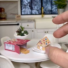 someone is playing with a miniature house on the table in front of a potted plant