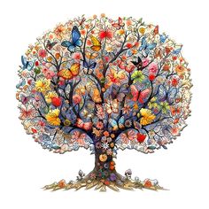 a colorful tree with lots of butterflies on it's leaves and branches, all in different colors