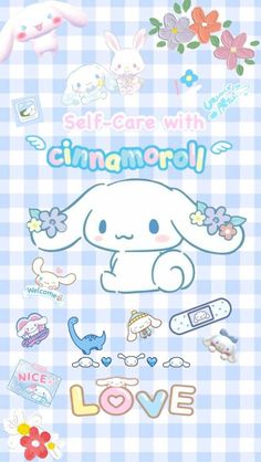 an image of a poster with animals and flowers on it's back cover, which reads self - care with cinnamonoll love