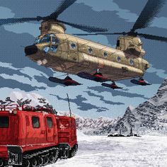 a large helicopter flying over a red truck in front of a snow covered mountain range