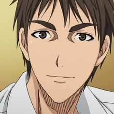 an anime man with black hair and brown eyes looking at the camera while wearing a white shirt