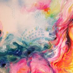 an abstract painting of a woman's face and hair with multicolored waves