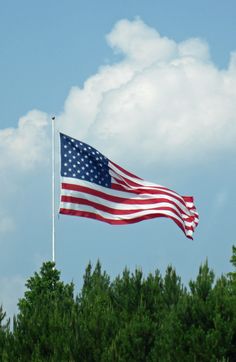 an american flag flying in the sky over trees