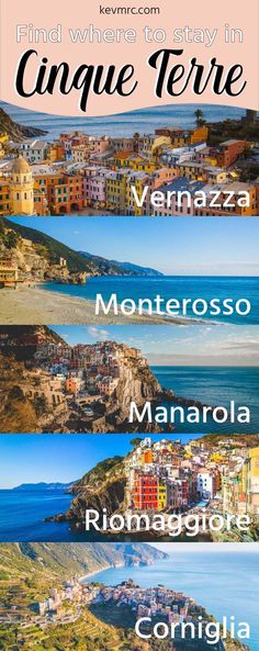 the different cities and towns in cinque terre, italy with text overlaying