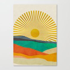 the sun is shining over an abstract landscape art print