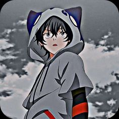 an anime character with black hair wearing a gray hoodie and red pants standing in front of clouds