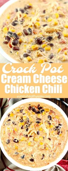 an easy crock pot cream cheese chicken chili is ready to be eaten and served