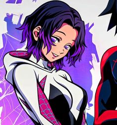 two anime characters are standing next to each other in front of a spider - man