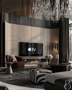 an elegant living room with chandelier, sofa and television in the center area