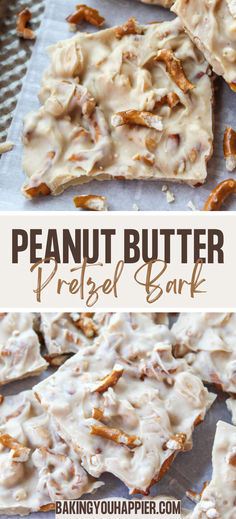 the peanut butter pretzel bark is cut into pieces