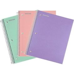 three spiral bound notebooks with different colored pages on each side, one pink and one green