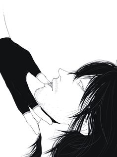 an anime character with long black hair kissing another person's head in front of a white background