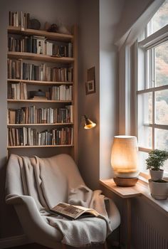 a white chair sitting in front of a window next to a book shelf filled with books