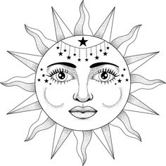 the sun with stars on it's face is drawn in black and white ink