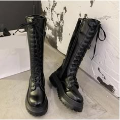 Chunky Platform Pu Leather Knee High Boots · KoKo Fashion · Online Store Powered by Storenvy Thigh High Combat Boots, Botas Grunge, Dr Shoes, Everyday Clothes, Leather Knee High Boots, Black Motorcycle, Pu Heels, Lace Up Booties, Boot Types