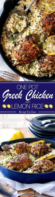 one pot greek chicken and lemon rice is an easy dinner that's ready in less than 30 minutes