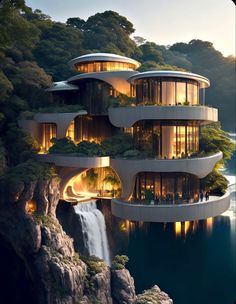 an unusual building with waterfall in the background