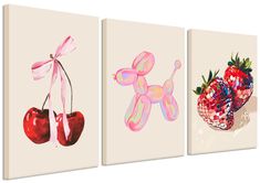 three paintings of fruit are hanging on the wall, one has a balloon dog and two have cherries