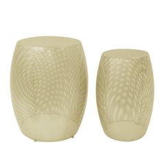 two gold vases sitting next to each other on a white background, one is empty