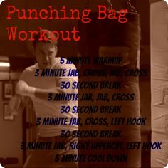 a man standing in front of a punching bag with the words punching bag workout on it