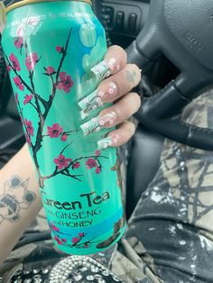 xxd.ez on insta Arizona Can Nails, Arizona Iced Tea Nails, Arizona Green Tea Nails, Arizona Tea Nails, Arizona Nails, Green Tea Nails, Cherry Blossom Nails, Tapered Square Nails