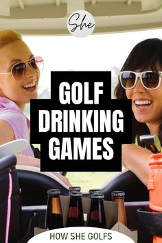 Two female golfers smiling in a golf cart with beer and golf equipment Golf Course Drinking Games, Golf Hole Games, Ladies Golf League Ideas, Golf Tournament Hole Games, Golf Games For Party, Golf Hole Sponsor Game Ideas, Golf Hole Sponsorship Games, Golf Scramble Games, Golf Outing Hole Games