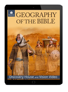 a tablet with an image of three people in ancient dress and the text, geography of the bible discovery house and vision video